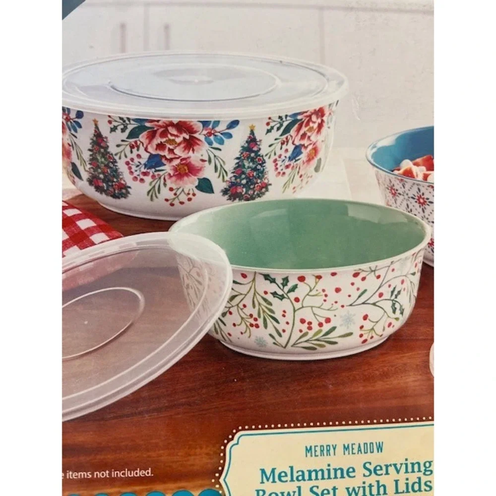 Pioneer Woman Merry Meadow Melamine Serving Bowl Set 6 Piece Christmas Floral